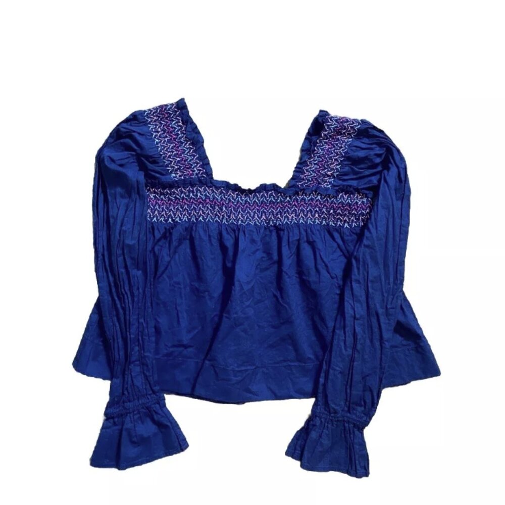Cake For Dinner CFD Smocked Crop Top Sz XS Navy Blue Bell Sleeve Babydoll Shirt